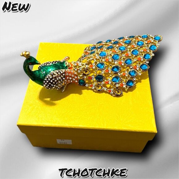 NEW NIB Peacock tchotchke Trinket Box – Vintage Style, Jeweled & Gift-Ready - Picture 2 of 10